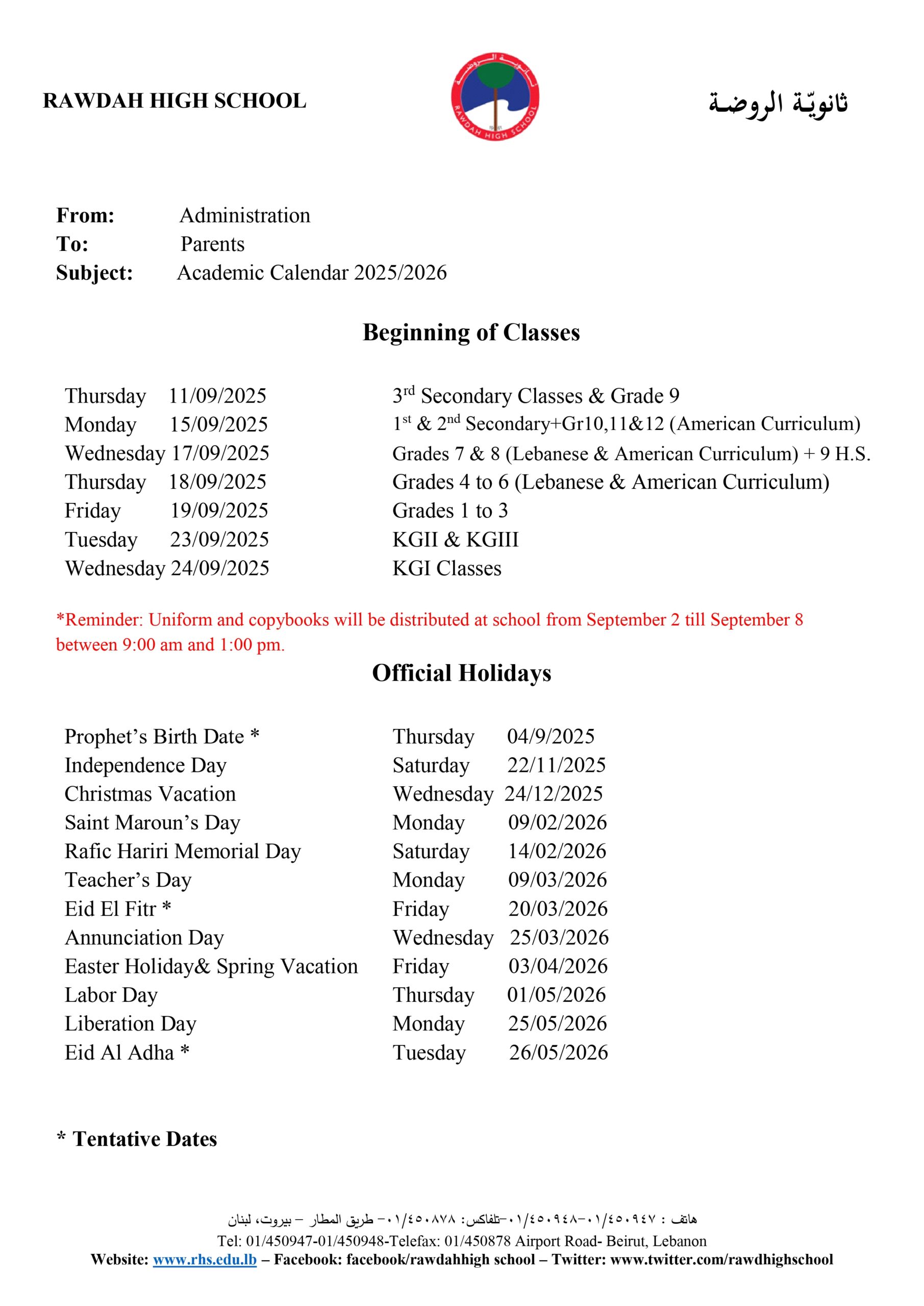 Academic Calendar & Holidays 25-26
